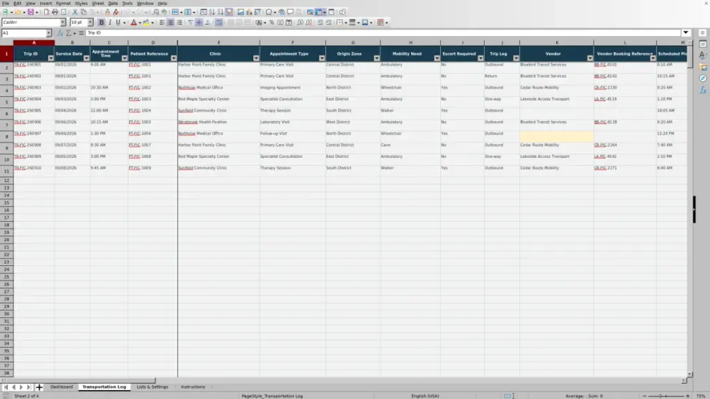 Preview of the Transportation Log sheet in Free Patient Transportation Coordination Log Excel Template 2026