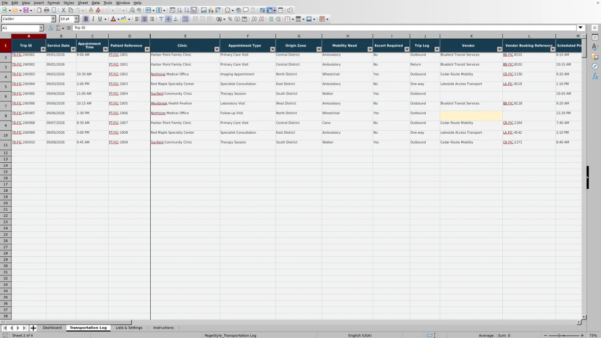 Capture 2 : feuille Transportation Log — patient transportation coordination log excel