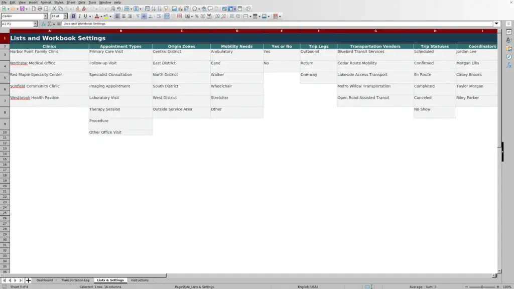 Preview of the Lists & Settings sheet in Free Patient Transportation Coordination Log Excel Template 2026