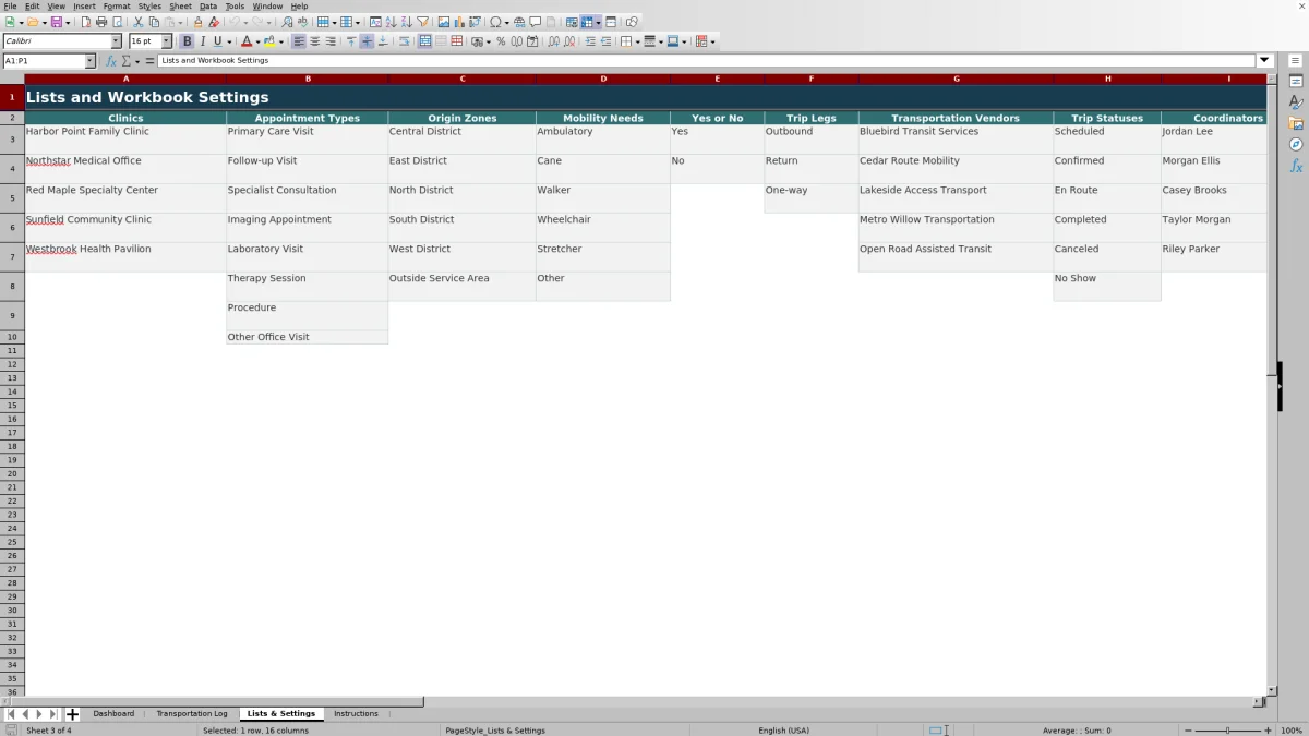 Capture 3 : feuille Lists & Settings — patient transportation coordination log excel