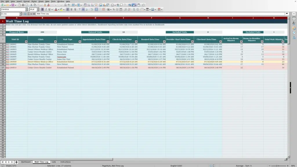 Preview of the Wait Time Log sheet in Free Patient Wait Time Dashboard Excel Template 2026