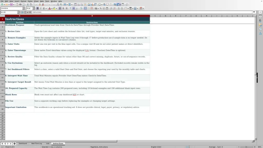 Preview of the Instructions sheet in Free Patient Wait Time Dashboard Excel Template 2026