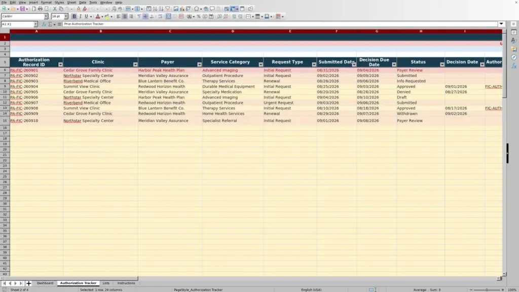 Preview of the Authorization Tracker sheet in Free Prior Authorization Tracker Excel Template 2026
