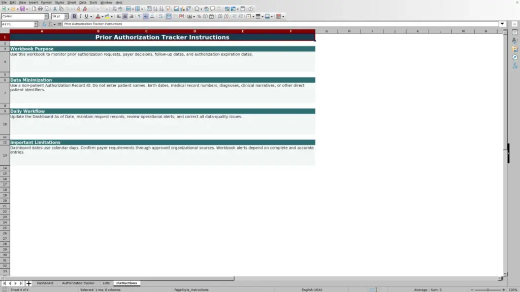 Preview of the Instructions sheet in Free Prior Authorization Tracker Excel Template 2026