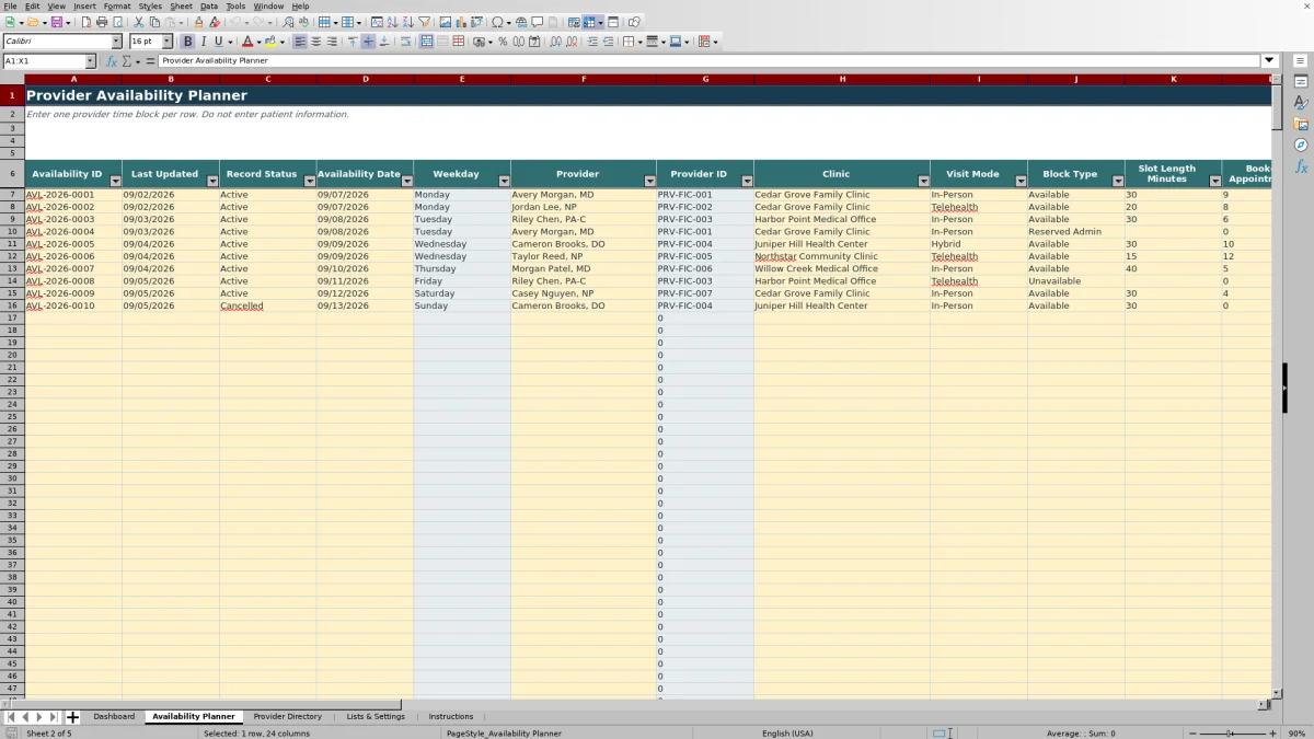 Capture 2 : feuille Availability Planner — provider availability planner excel