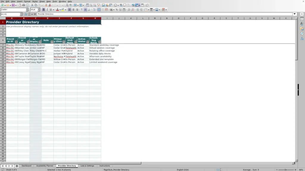 Preview of the Provider Directory sheet in Free Provider Availability Planner Excel Template 2026
