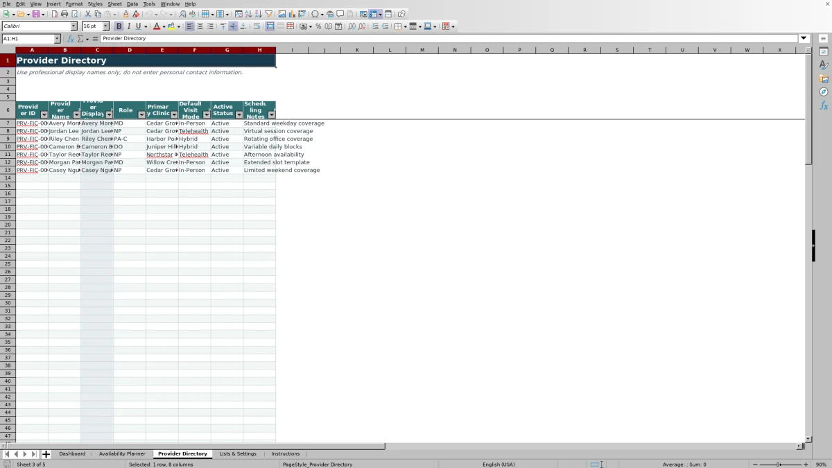 Capture 3 : feuille Provider Directory — provider availability planner excel