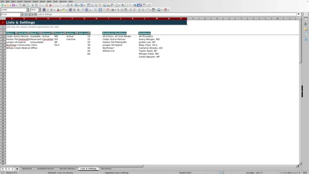 Preview of the Lists & Settings sheet in Free Provider Availability Planner Excel Template 2026