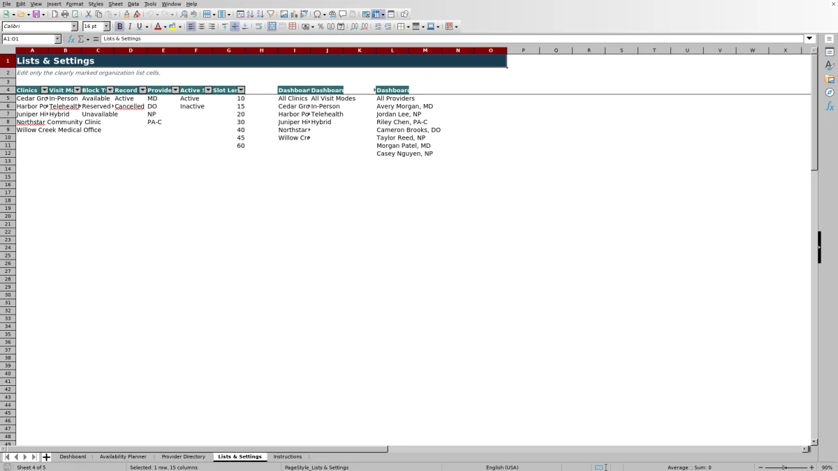 Capture 4 : feuille Lists & Settings — provider availability planner excel