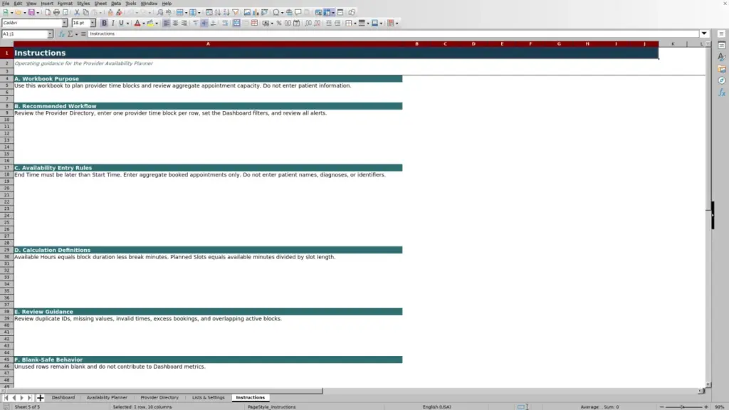 Preview of the Instructions sheet in Free Provider Availability Planner Excel Template 2026