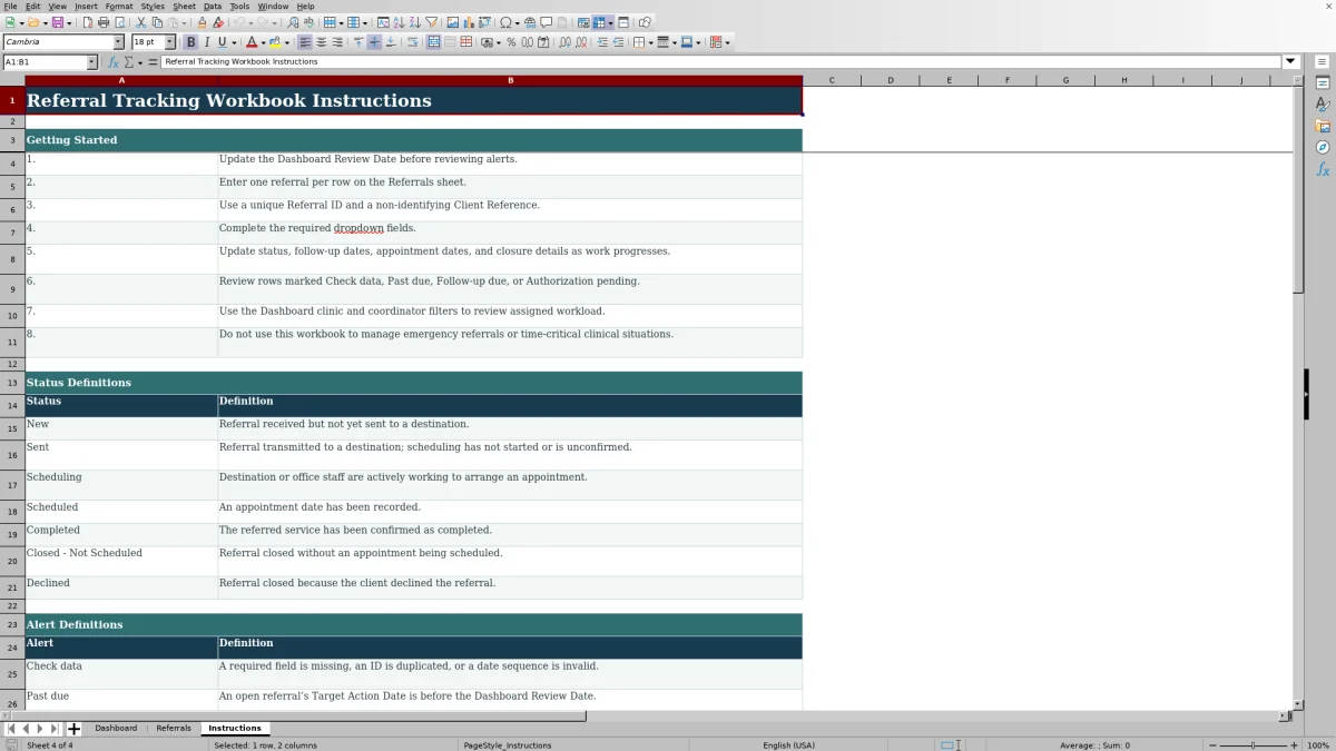 Capture 4 : feuille Instructions — referral tracking spreadsheet