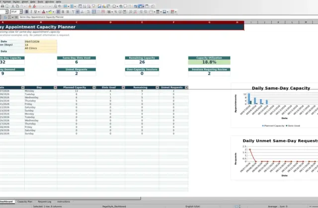 Capture 1 : feuille Dashboard — same day appointment capacity planner excel