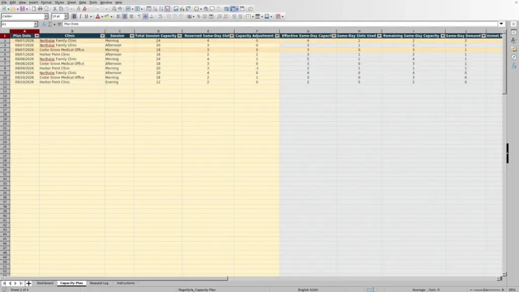 Preview of the Capacity Plan sheet in Free Same Day Appointment Capacity Planner Excel Template 2026