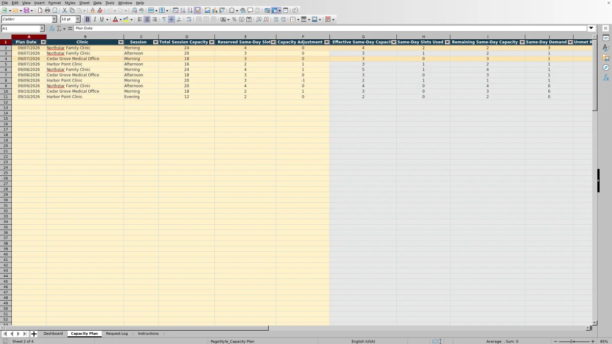 Capture 2 : feuille Capacity Plan — same day appointment capacity planner excel