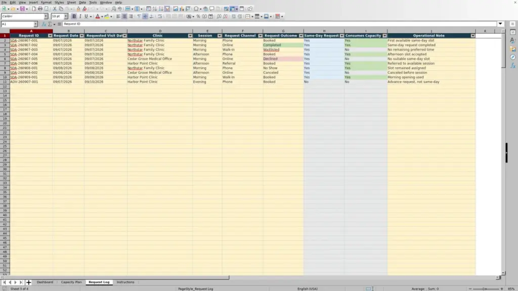 Preview of the Request Log sheet in Free Same Day Appointment Capacity Planner Excel Template 2026