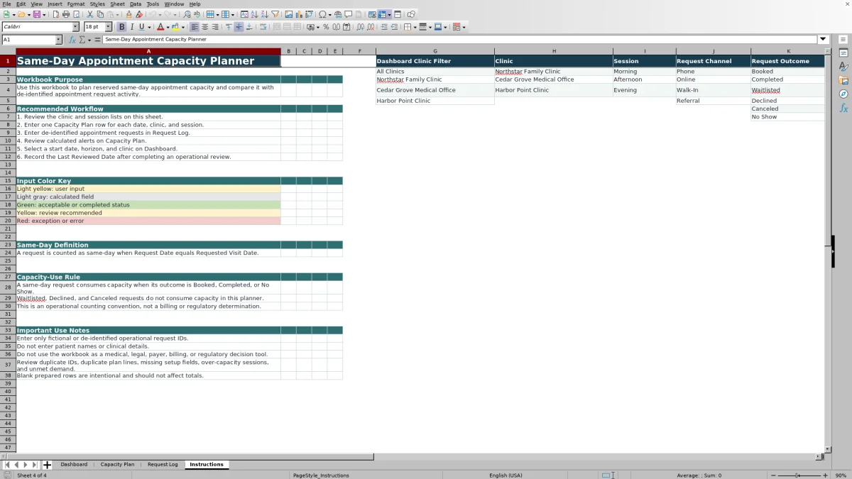 Capture 4 : feuille Instructions — same day appointment capacity planner excel